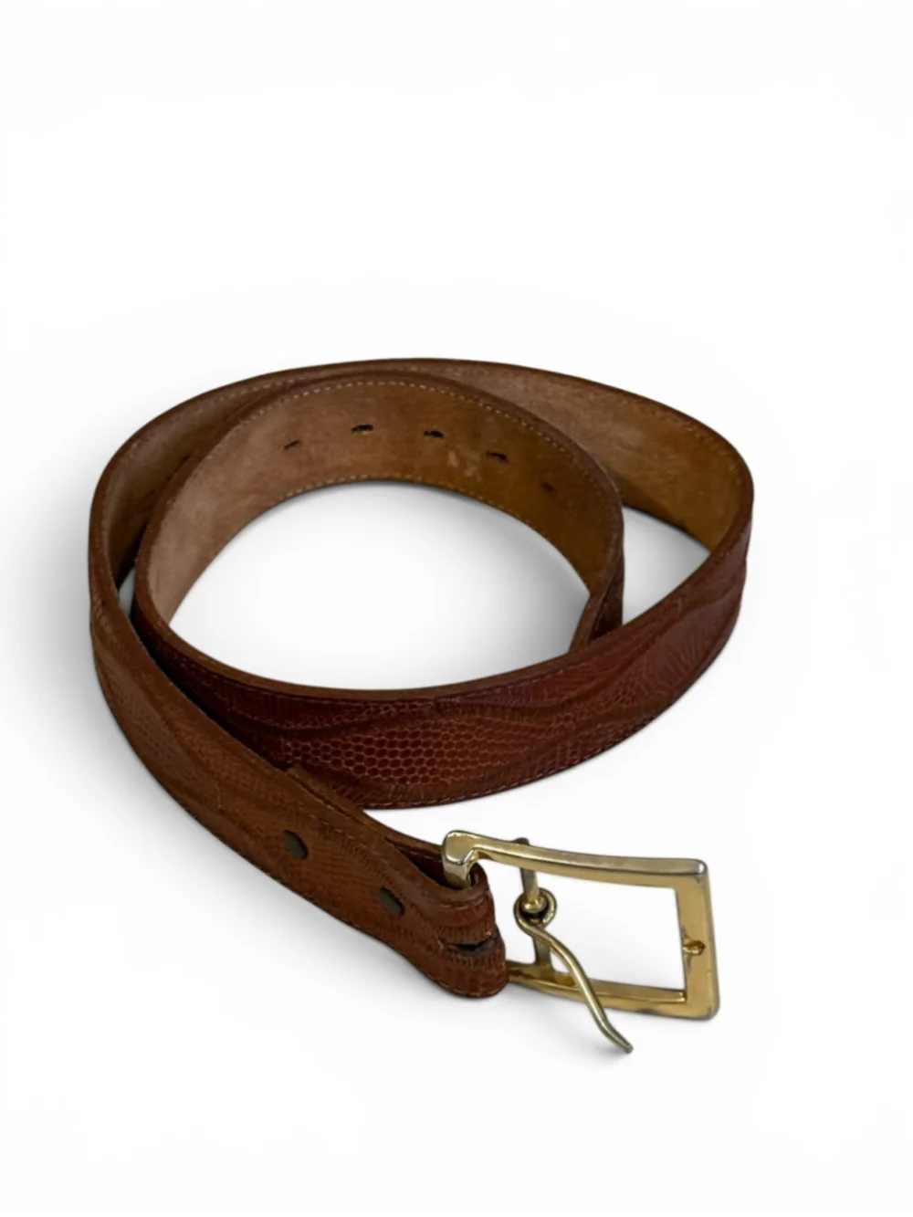 Vintage 80s Nocona Genuine Lizard Leather Belt Brown Gold Buckle Men’s Size 34